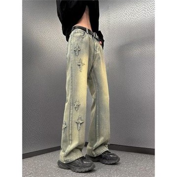 做舊黃泥色牛仔褲男款寬松直筒美式高街vibe潮牌闊腿微喇叭長褲子
