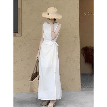 (免運)茶歇法式白色連衣裙女2026夏季新款時尚氣質直筒無袖背心襯衫長裙