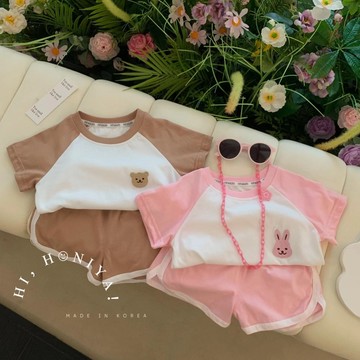 Mimo⭐韓國童裝 夏季新品純棉兒童套裝插肩袖卡通T恤短褲套裝寶寶兩件套