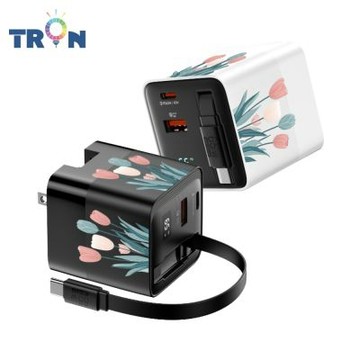 24H快速出貨 TRON GaN PD65W 自帶線急速充電器 黑 小清新花朵 電源供應器