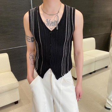 春夏V領針織馬甲背心男修身短款毛衣內搭韓版無袖坎肩開衫外套潮