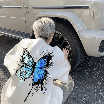 短袖男 美式上衣 美式短袖印花T恤國潮大碼歐美蝴蝶寬鬆情侶裝 夏季胖子男女bf潑墨短袖ins潮 上衣 短袖T恤 情侶