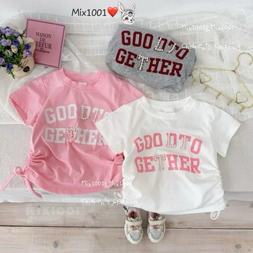 🌈✨mix1001簡單字母釘珠縮腰上衣✨兒童兩側縮腰造型上衣5-17