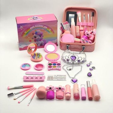 跨境熱銷兒童化妝品套裝粉紅獨角獸收納美妝盒套裝兒童過家家玩具
