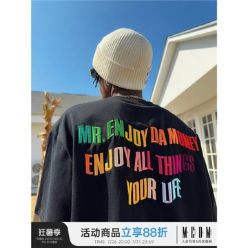 MEDM美式嘻哈彩虹字體刺繡短袖T恤男夏季潮牌高街休閑五分袖體恤