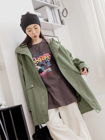 純棉連帽抽繩長版寬鬆外套