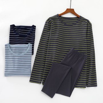 成套秋衣褲男式條紋精梳純棉春秋保暖打底衣套裝棉線衣冬天家居服