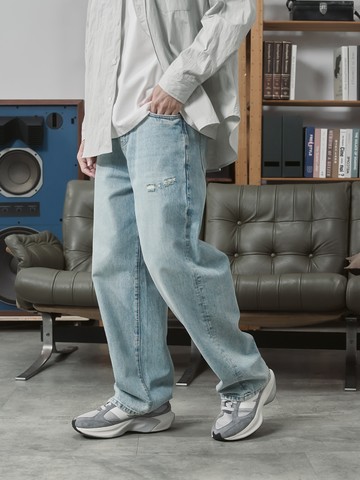 【絕版出清】水洗破壞鬆緊腰頭直筒牛仔褲