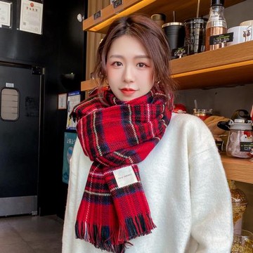 韓版仿羊絨圍巾女士秋冬新款大紅色格子雙面ins保暖針織加厚圍脖