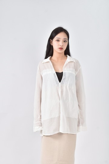 (L) jamei chen秋冬棉質純棉v領透膚白色長袖上衣