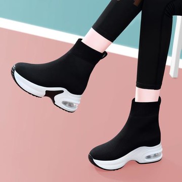 黑色運動增高旅游短靴高幫襪子鞋飛織襪靴氣墊內增高秋冬加絨棉鞋
