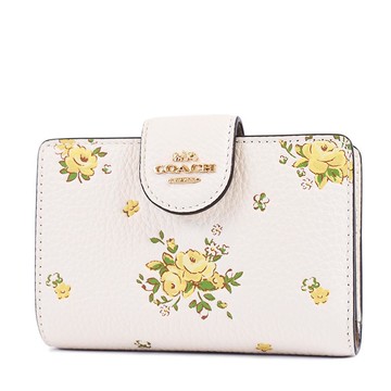 COACH 金字立體浮雕花卉荔枝紋皮革釦式中夾-黃白