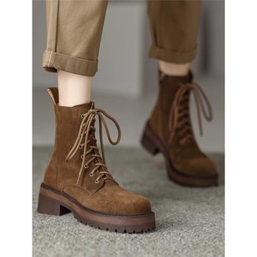 小眾ins真皮圓頭磨砂系帶馬丁靴女2025秋冬新款復古厚底粗跟短靴