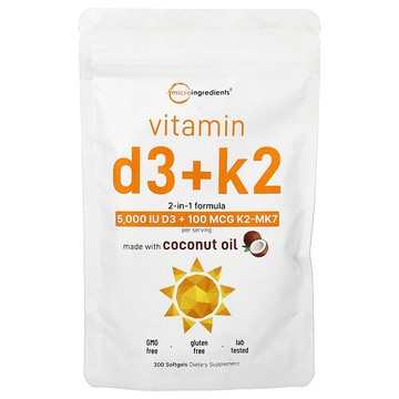 Micro Ingredients, 維生素 D3 + K2，300 粒軟膠囊