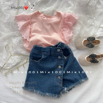 🌈✨mix1001 個性斜切造抽鬚短褲✨兒童丹寧排釦牛仔短褲 5-17