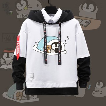 灰企鵝ぺんちゃん日系原宿動漫假兩件連帽衛衣男女兒童裝學生外套