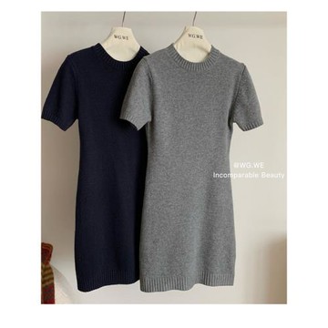 純色圓領短袖針織連衣裙女裝韓系早秋穿搭新款氣質修身打底短裙子