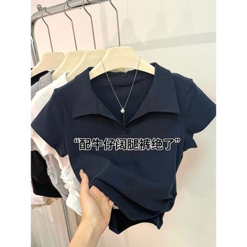 夏季新款polo領正肩短袖t恤女氣質修身顯瘦短款褶皺收腰純棉上衣