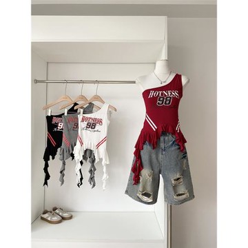 辣妹字母印花不規則斜肩吊帶背心女夏季2025新款美式收腰顯瘦上衣