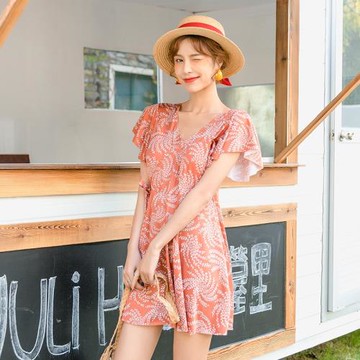 大碼泳裝胖mm泡溫泉遮肚顯瘦寬松印花連體裙式保守夏季度假泳衣女