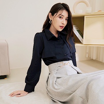 OB嚴選-純色不易皺雪紡拼接活片襯衫上衣