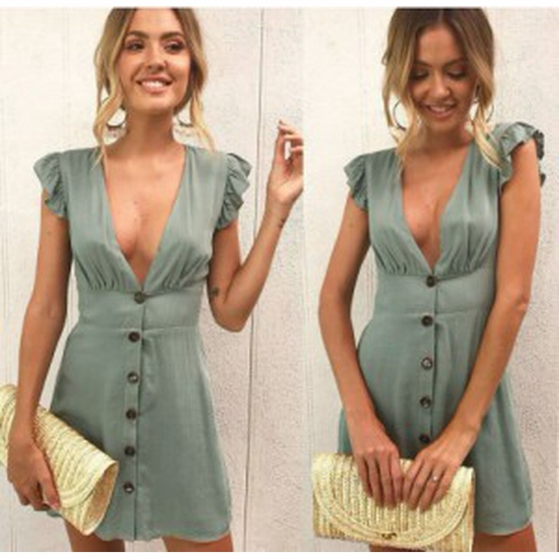 Vネック フロントボタン ワンピース ドレス ミニ 夏 水着カバー 無地 袖フリル 深v カジュアル セクシー Z 通販 Lineポイント最大1 0 Get Lineショッピング
