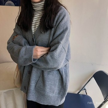 P3-【免費參觀】 中長款針織毛衣 秋冬衣服 毛衣女 網紅衕款奶奶灰針織開衫外套v領上衣女寬鬆中長款毛線衣披肩外搭 M0