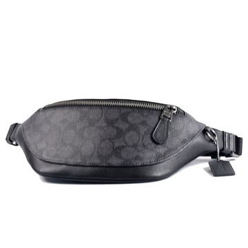 COACH 男款 緹花LOGO防刮皮革拉鍊腰包-灰黑色小