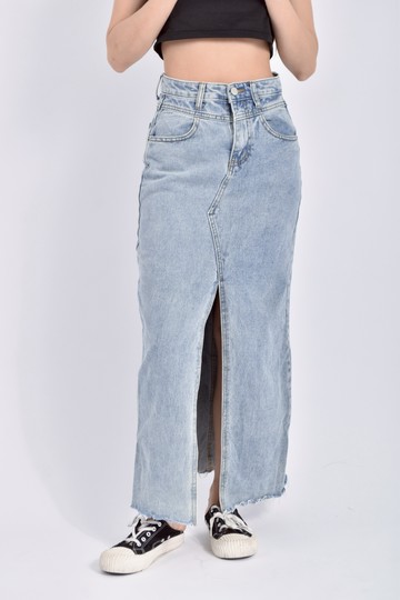 (S) fsy丹寧牛仔水洗開衩藍色長裙