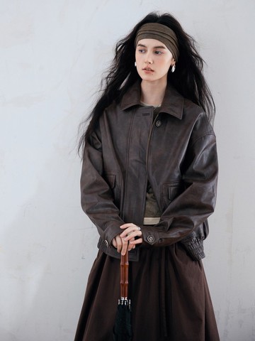 橡子灰棕 柔焦托卡 法式復古流浪老錢風翻領皮衣 短款皮外套夾克