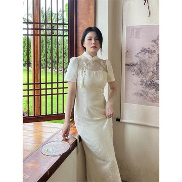 (免運)大碼微胖mm2025春夏改良旗袍氣質收腰溫柔提花顯瘦新中式連衣裙