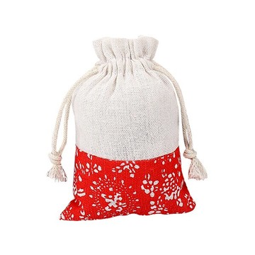 日式紅束口袋 紅花麻布抽繩袋 方形麻布套 飾品手機眼鏡袋
