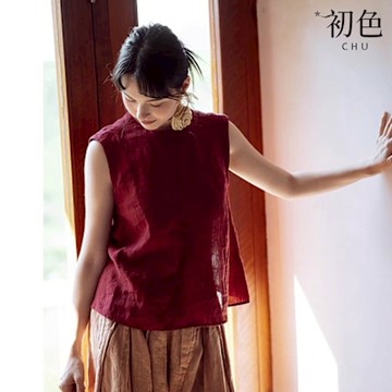初色 文藝風簡約棉麻純色圓領無袖寬鬆顯瘦背釦背心上衣女上衣-共2色-11861(M-2XL可選/現貨+預購)