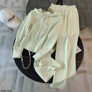 秋冬季顯瘦薄荷曼波風炸街套裝女連帽衛衣高腰闊腿褲休閒兩件套女