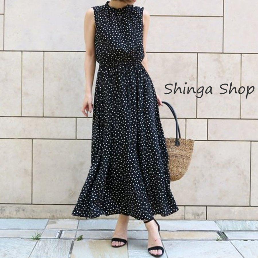 ワンピース レディース 黒 白ワンピース 春夏 ノースリーブ シフォンワンピース ドット柄ワンピース Aラインスカート オシャレ結婚式ドレス 通販  LINEポイント最大GET LINEショッピング