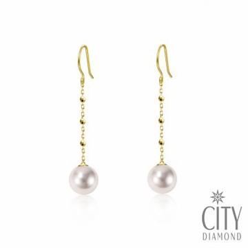【City Diamond 引雅】18K日本AKOYA珍珠6.5mm黃K金長垂掛耳環(東京Yuki系列)