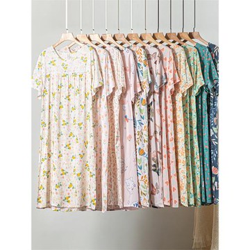 棉綢睡裙女夏季薄款短袖睡衣甜美寬松人造棉大碼連衣裙春秋家居服