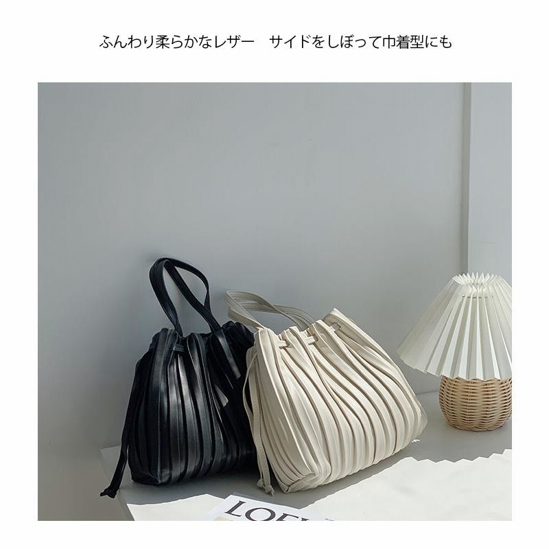 巾着バッグ レザー ショルダーバッグ レディース プリーツバッグ
