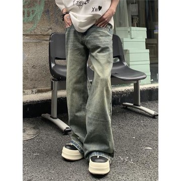 K09sauce新款美式復古微喇牛仔褲男高街做舊潮流vibe直筒闊腿褲子