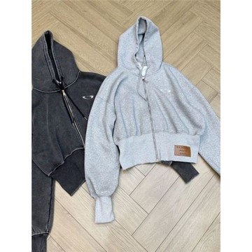 美式復古水洗做舊雙拉鏈連帽衛衣外套女秋冬季設計感短款開衫上衣