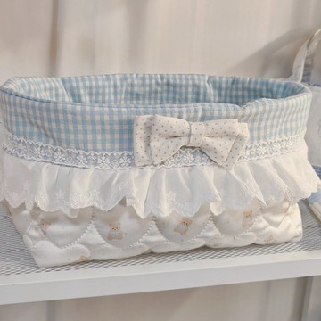 雙層蝴蝶結蕾絲藍色格子可愛小熊愛心絎縫大容量收納筐收納籃