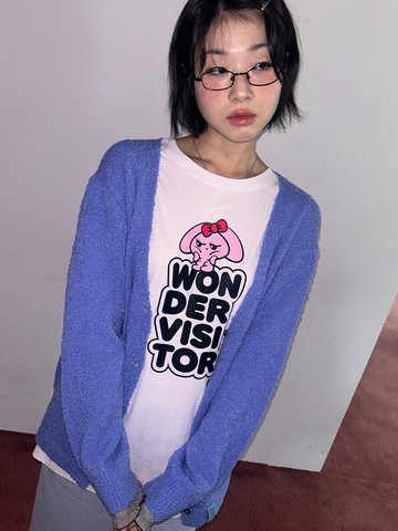 Logo V-neck Boocle Cardigan [Light Blue]