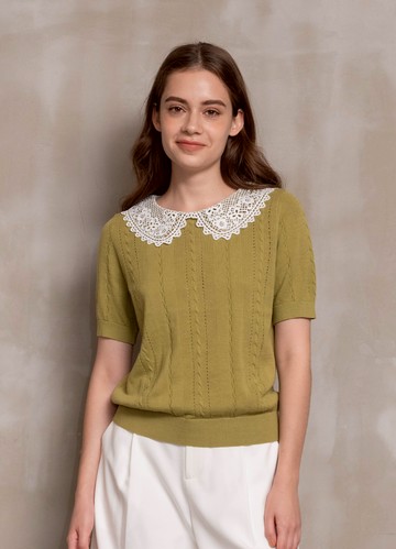 甜美輕巧蕾絲配色拼接領針織衫