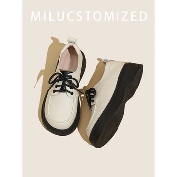 真皮厚底英倫風白色小皮鞋女松糕鞋增高圓頭百搭休閑系帶樂福單鞋