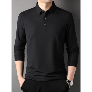 2025春秋季休閑無痕男士翻領純色長袖t恤中年polo衫男裝薄款上衣
