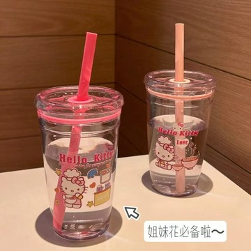臺灣出貨🥛】多喝水水杯夏季🍼粉色可愛凱蒂卡通吸管大容量透明高顏值塑料少女水杯子小紅書同款EG26