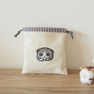 手工刺繡 折耳貓 米色純棉 雙層束口袋 收納袋