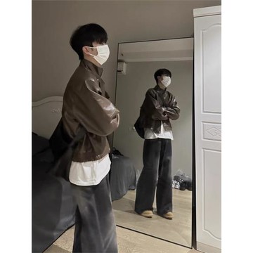 港風復古棕色PU皮百搭短款皮衣夾克男女秋冬美式寬松機車服外套潮