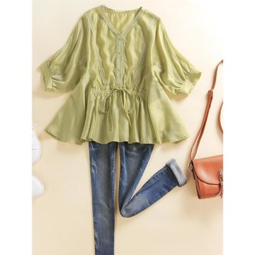 天絲正肩襯衫女夏季薄款蕾絲拼接上衣女夏高級感遮肚短袖襯衣女