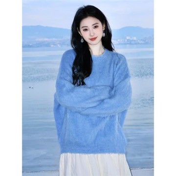 克萊因藍水貂絨套頭毛衣女冬季高級感超好看軟糯寬松慵懶風針織衫